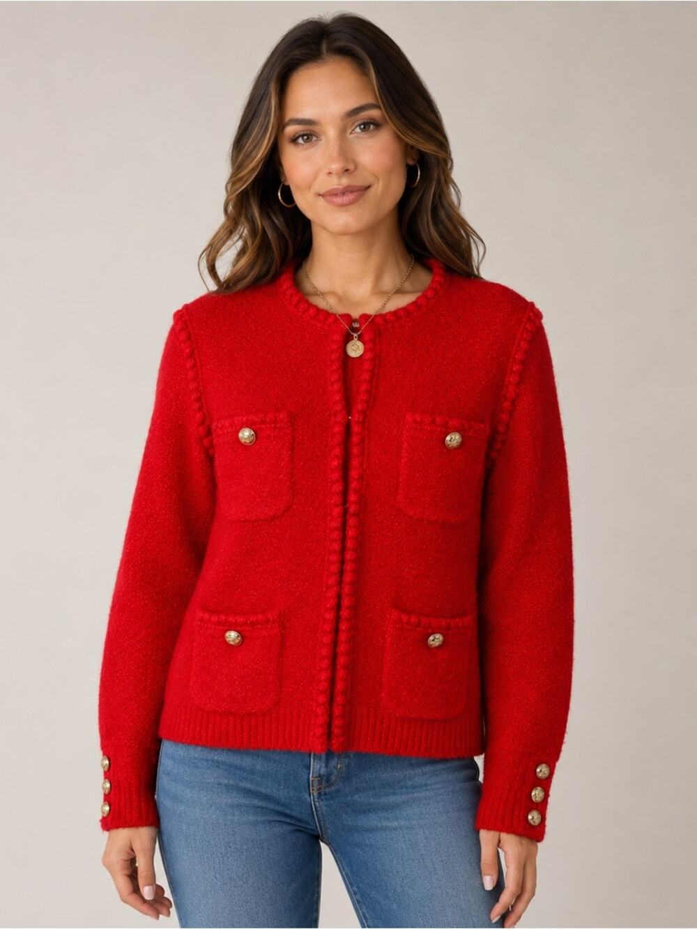 J.Crew Red Bouclé Sweater Lady Jacket Cardigan Merino Alpaca Size Medium NWT